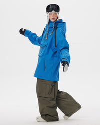 Full body side pose of Nobaday Women's Pure Free Softshell Fleece Hoodie Blue with oversized fit, high collar, and snowboard styling