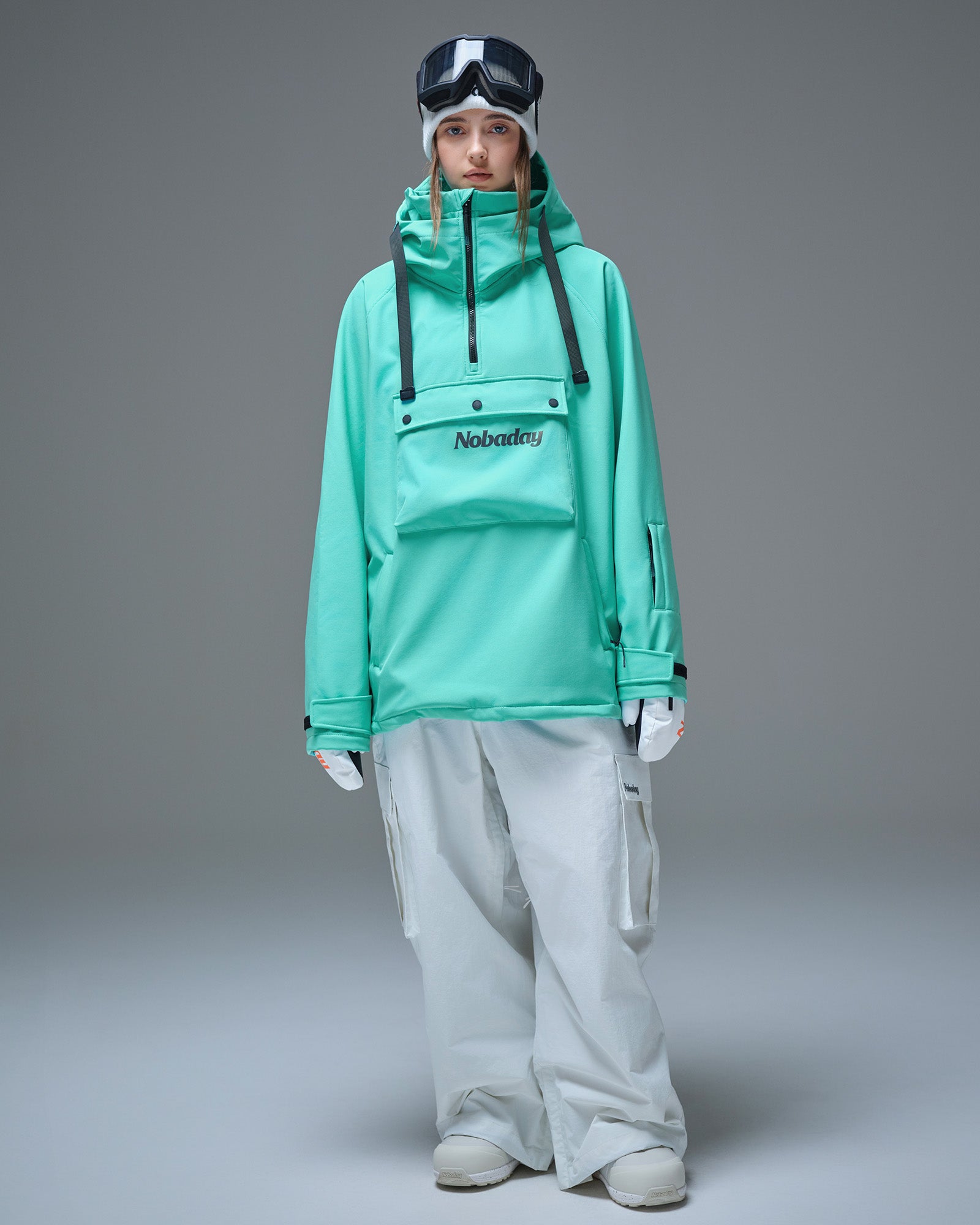 Full-body front view of a model wearing the Nobaday Women’s Pure Free Softshell Fleece Hoodie in Nobaday Blue