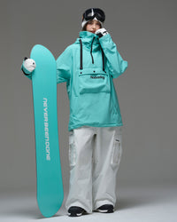 Female model wearing Nobaday Women's Pure Free Waterproof Fleece Hoodie Blue while holding a snowboard, waterproof softshell fleece ski hoodie