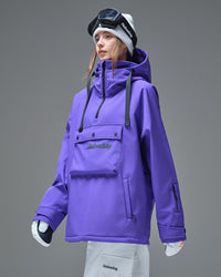 Side front detail of Nobaday women's purple waterproof fleece hoodie with half zip, chest pocket, and sleeve pass pocket